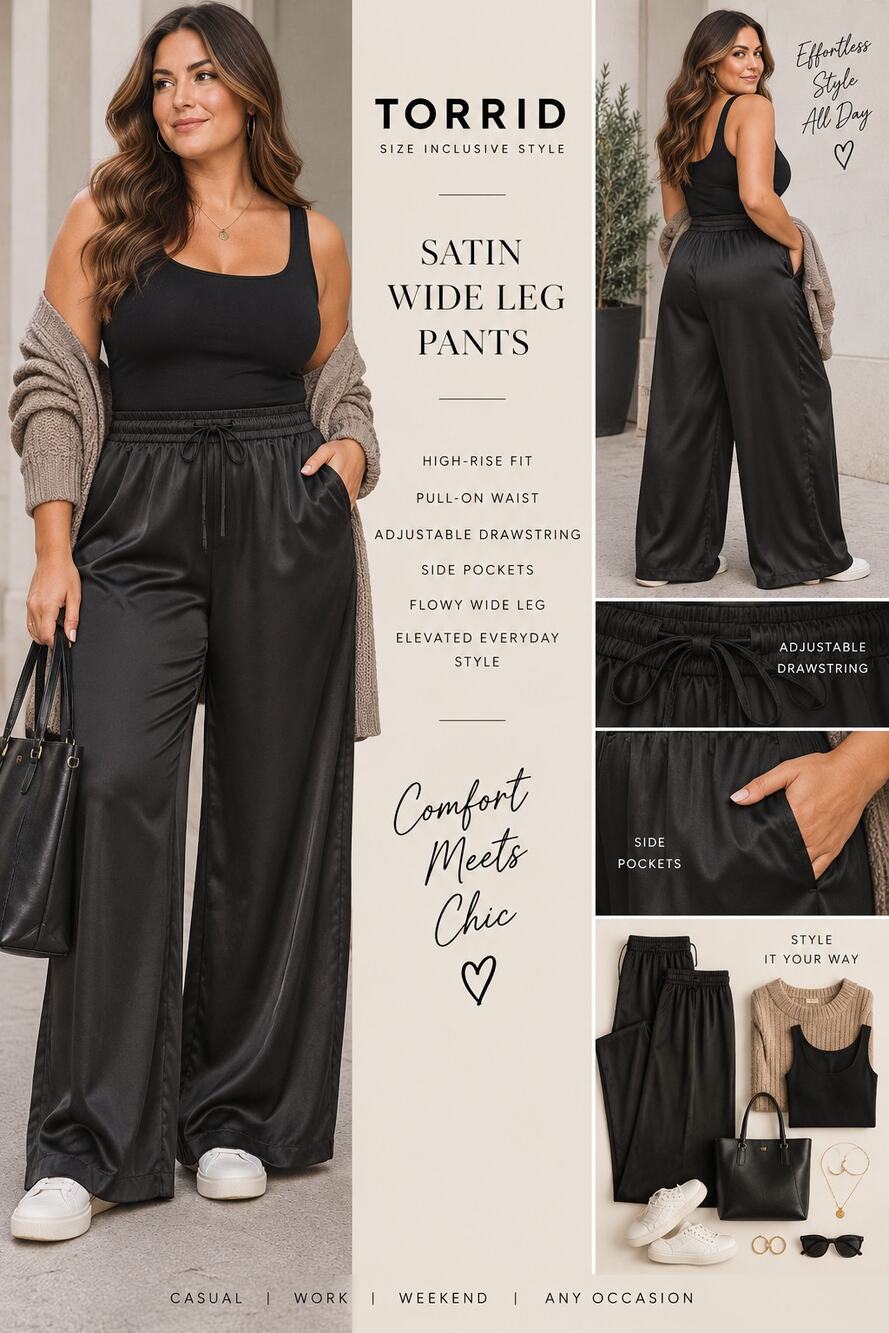 Torrid Satin Wide Leg Pants Size 3 3X Black High Rise Pull On NWT